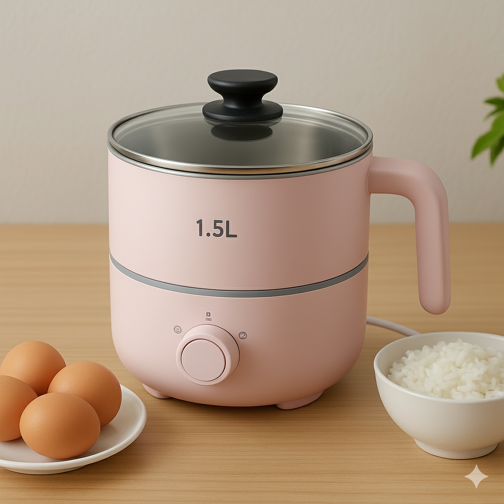 Electric Cooking Pot 1.5L, Double Layered Body, Rice & Pasta Cooker, Wide Mouth, Cooking Pot, Boiling, Steaming, Egg, Vegetable