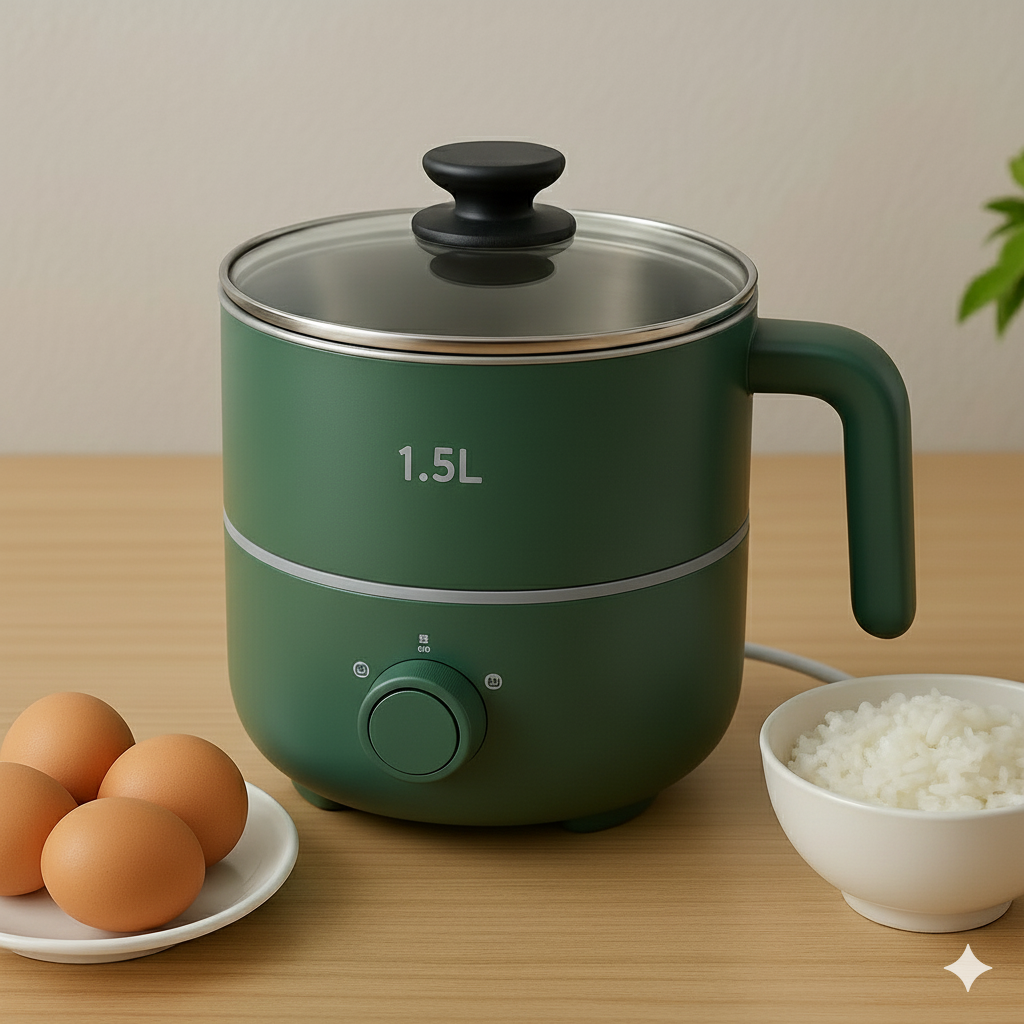 Electric Cooking Pot 1.5L, Double Layered Body, Rice & Pasta Cooker, Wide Mouth, Cooking Pot, Boiling, Steaming, Egg, Vegetable
