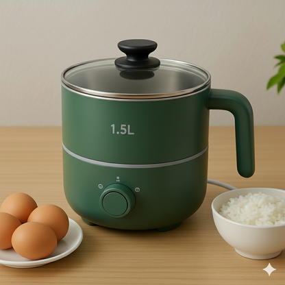Electric Cooking Pot 1.5L, Double Layered Body, Rice & Pasta Cooker, Wide Mouth, Cooking Pot, Boiling, Steaming, Egg, Vegetable